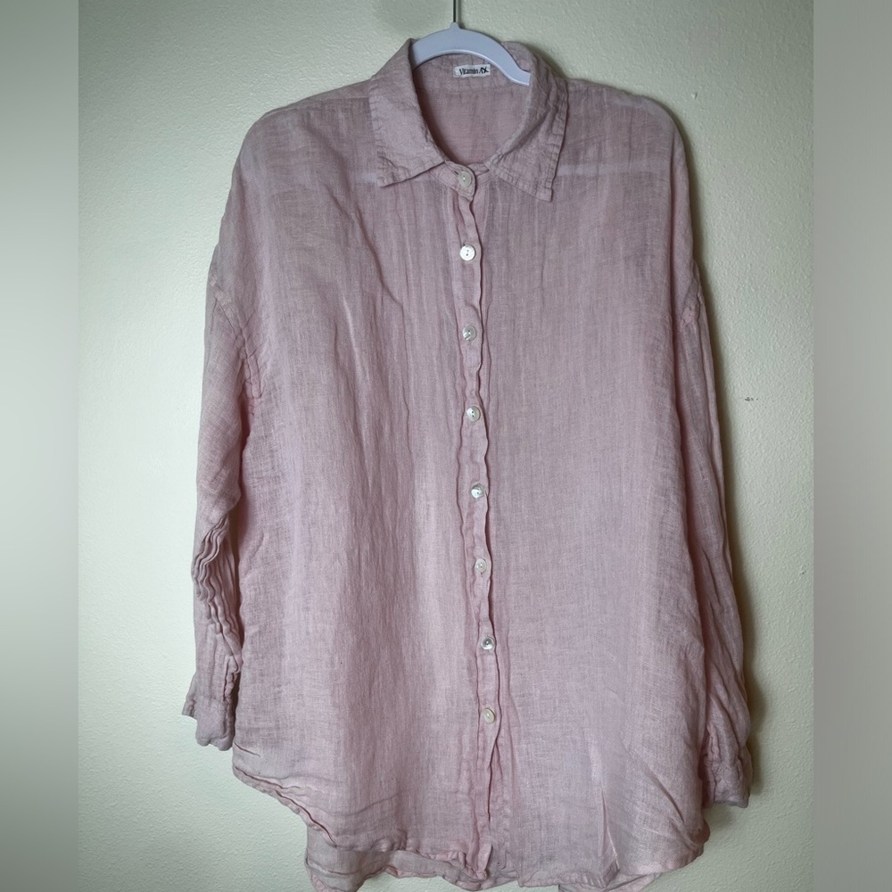 Vitamin A Playa Shirt 100% Linen Pink Oversized Cover Up Shirt Size L